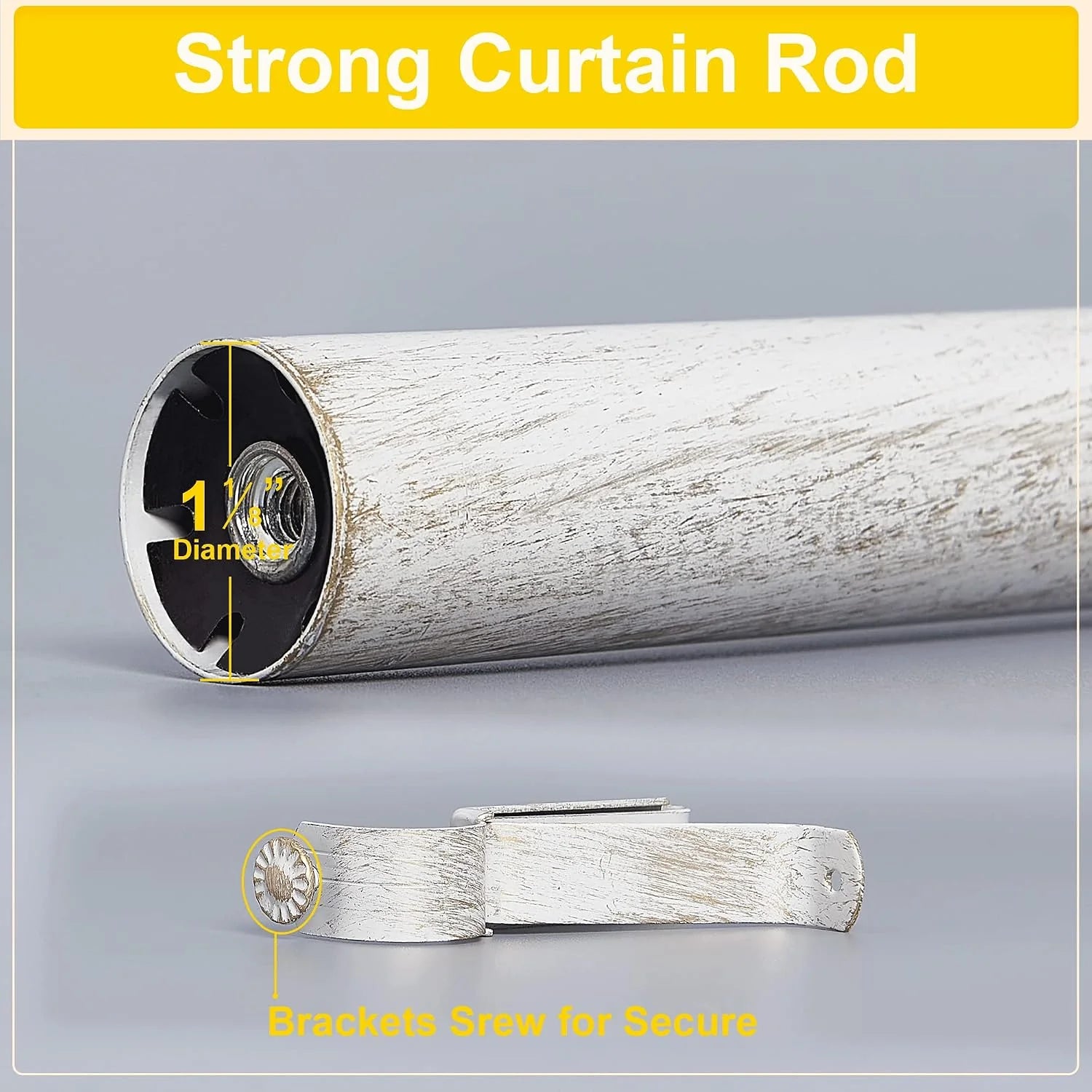 White distressed curtain rod with secure screw bracket and 1 1/8 inch diameter