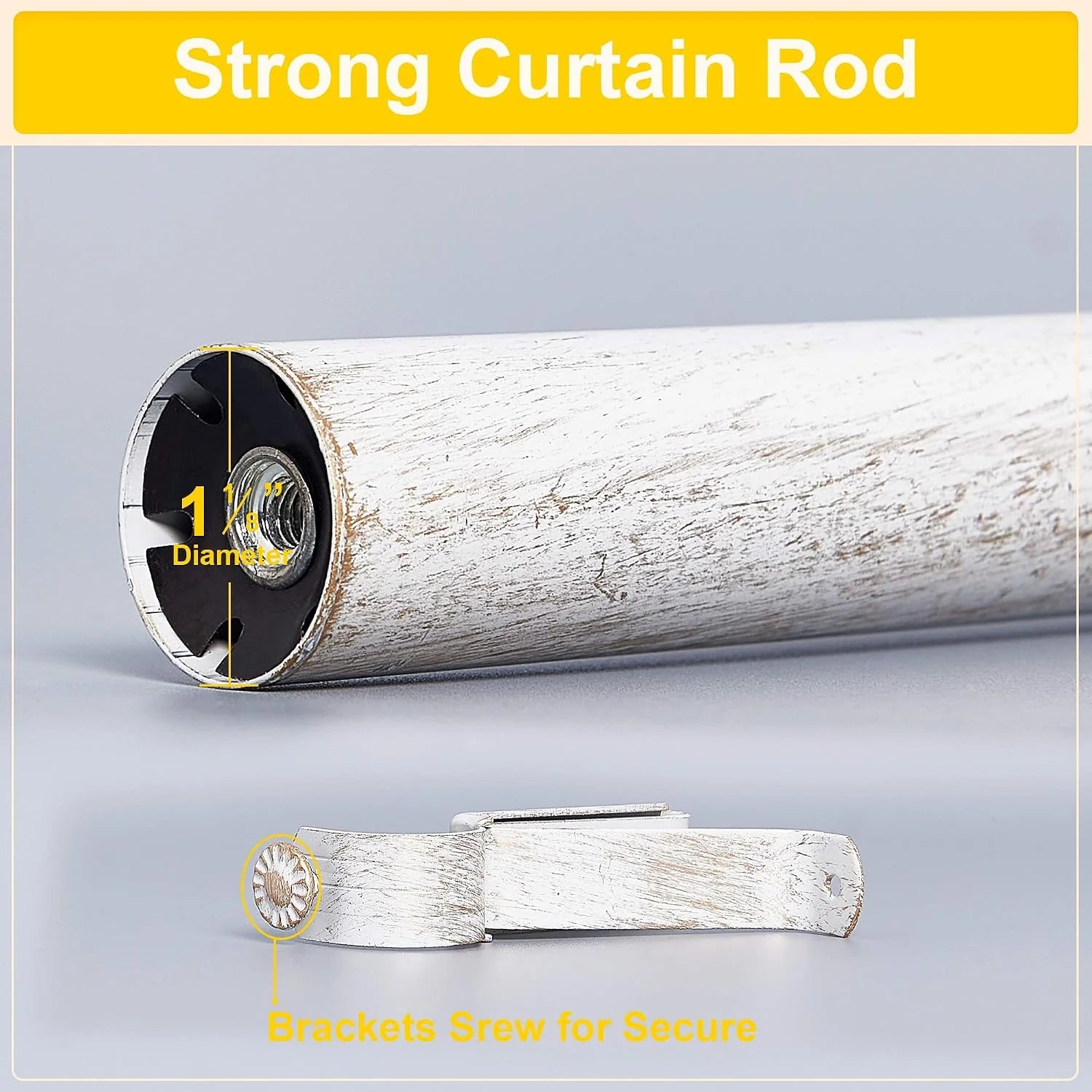 White distressed curtain rod with 1 1/8 inch diameter and secure screw bracket