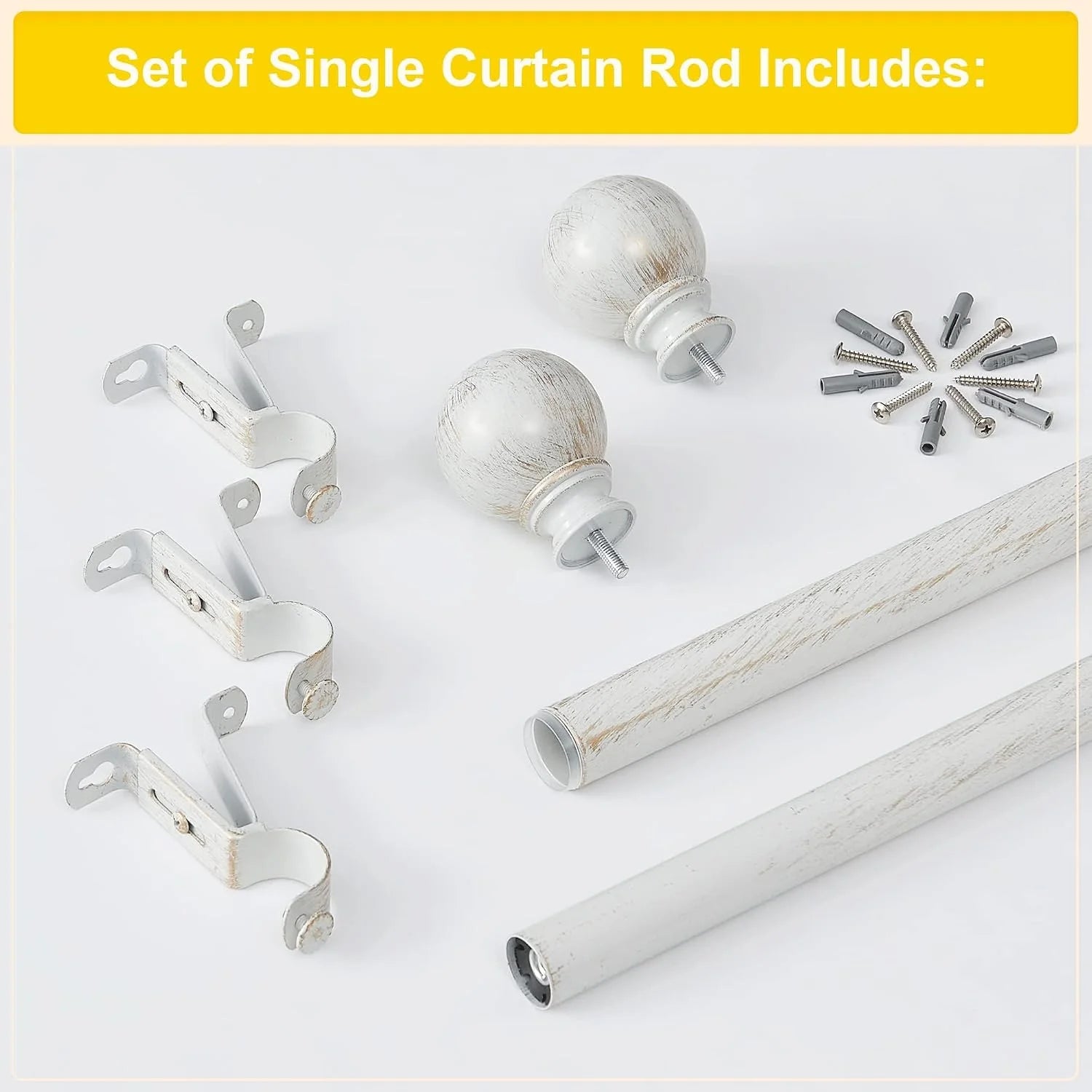 White distressed curtain rod set with brackets, round finials, screws and wall anchors