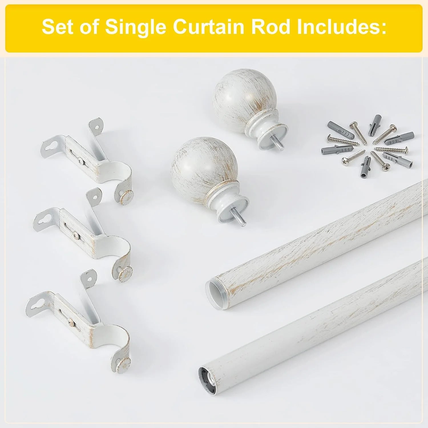 White distressed single curtain rod set with brackets, finials, screws, and anchors