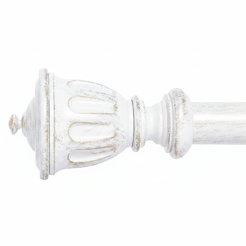 White distressed wood curtain rod finial with carved decorative detailing