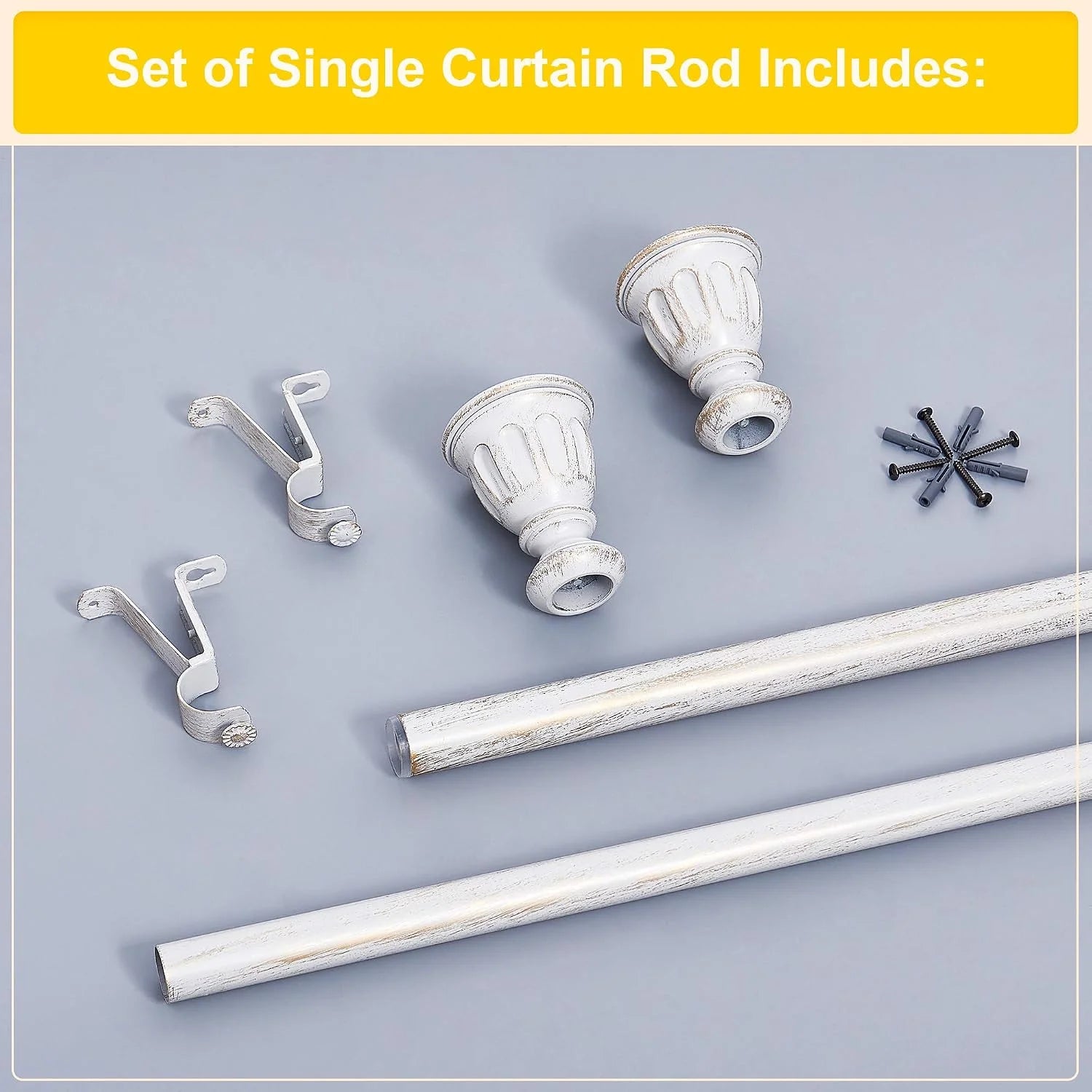 White distressed curtain rod set with decorative finials, brackets, screws, and anchors