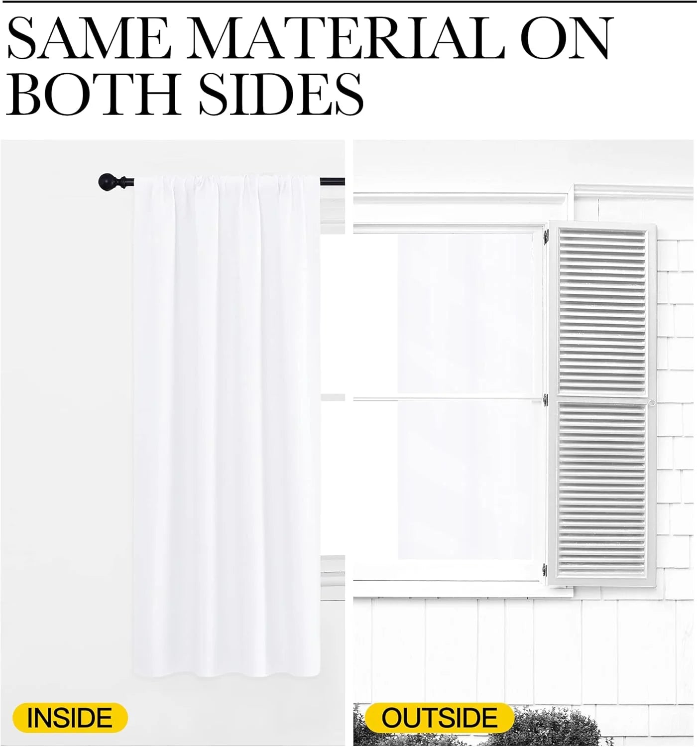 White curtain panel shown indoors and outdoors with same material on both sides