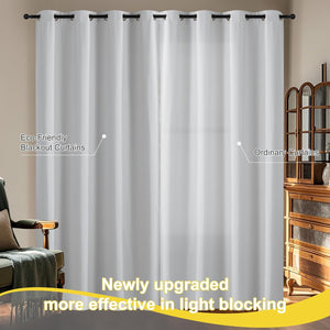 Full length white eco-friendly blackout curtains with dark grommet tops hang on a rod.
