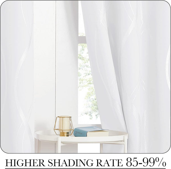 Elegant white blackout curtains with a subtle wavy textured pattern, gracefully covering a window.