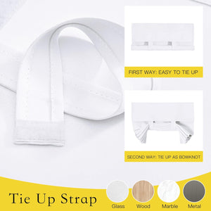 White fabric tie up strap with stitching. Demonstrates simple tie and decorative bowknot methods for curtains.