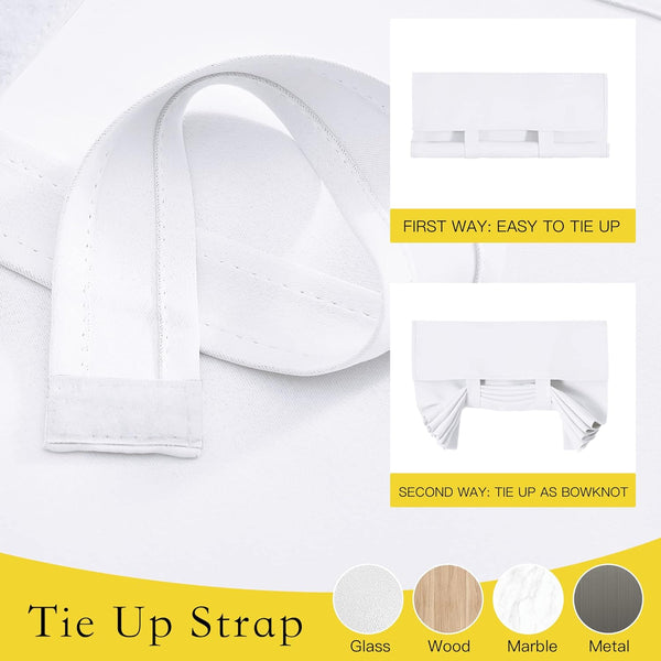 White fabric tie up strap with stitching. Demonstrates simple tie and decorative bowknot methods for curtains.