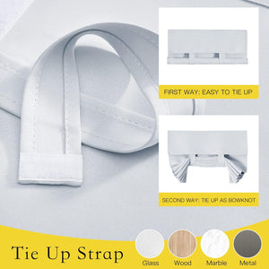 White fabric adjustable tie-up strap, demonstrating simple and decorative bowknot tying methods for window coverings.