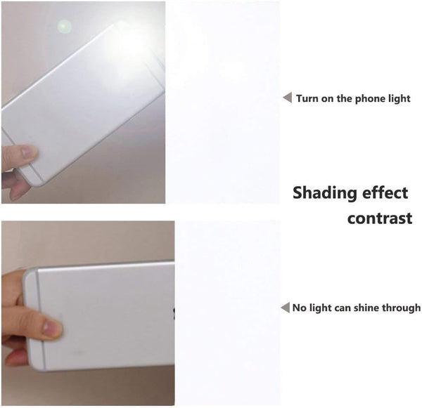 Comparison of white fabric's light-blocking ability. Top shows phone light shining on it; bottom shows no light passes through.