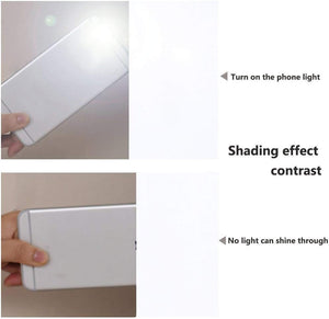 Comparison of white fabric's light-blocking ability. Top shows phone light shining on it; bottom shows no light passes through.