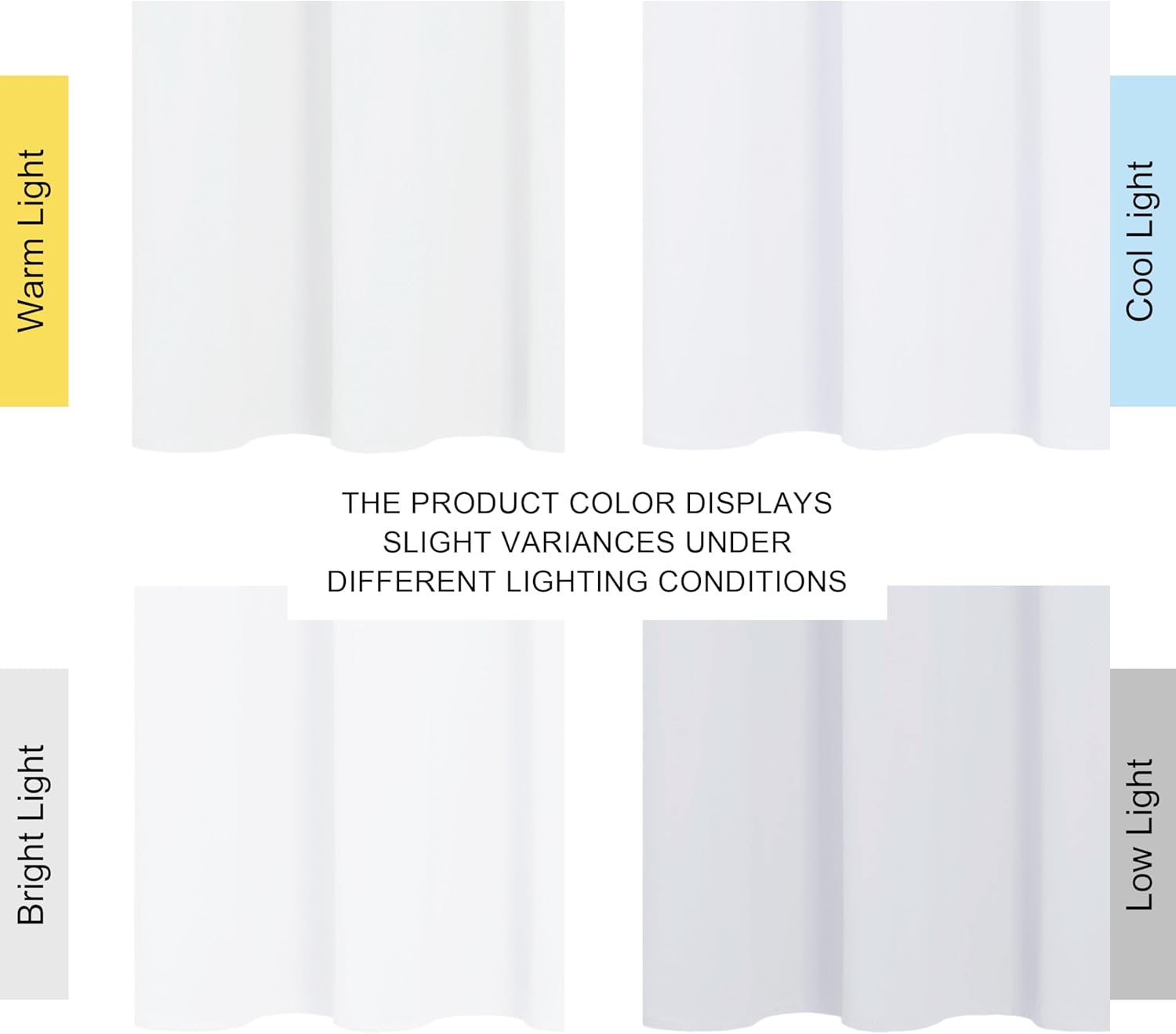 White fabric swatch demonstrating subtle color variations under warm, cool, bright, and low lighting conditions.