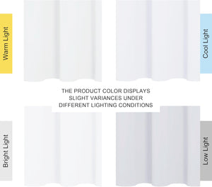 White fabric swatch demonstrating subtle color variations under warm, cool, bright, and low lighting conditions.