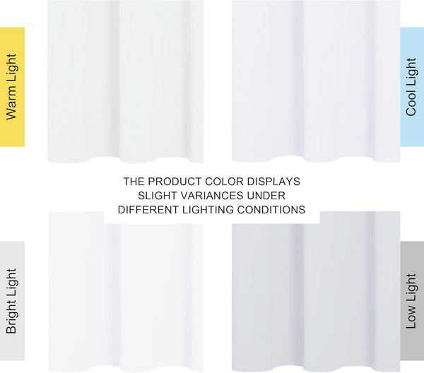 White fabric swatch demonstrating subtle color variations under warm, cool, bright, and low lighting conditions.