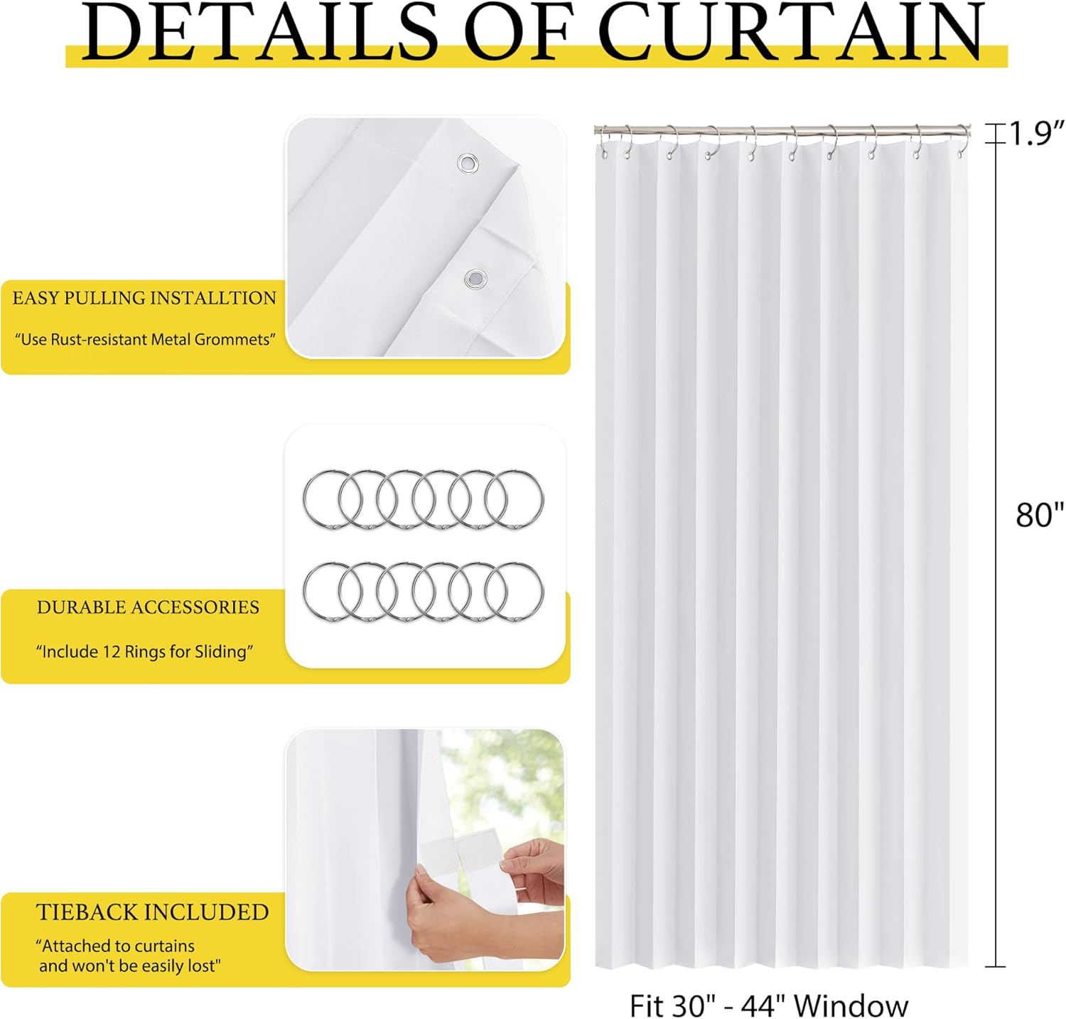 White fabric curtain with rust-resistant metal grommets, includes 12 sliding rings and an attached tieback.