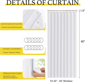 White fabric curtain with rust-resistant metal grommets, includes 12 sliding rings and an attached tieback.