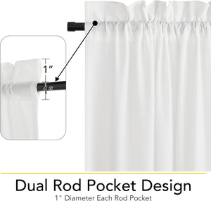 White fabric curtain with ruffled top, showing dual 1-inch rod pocket design on black curtain rod.