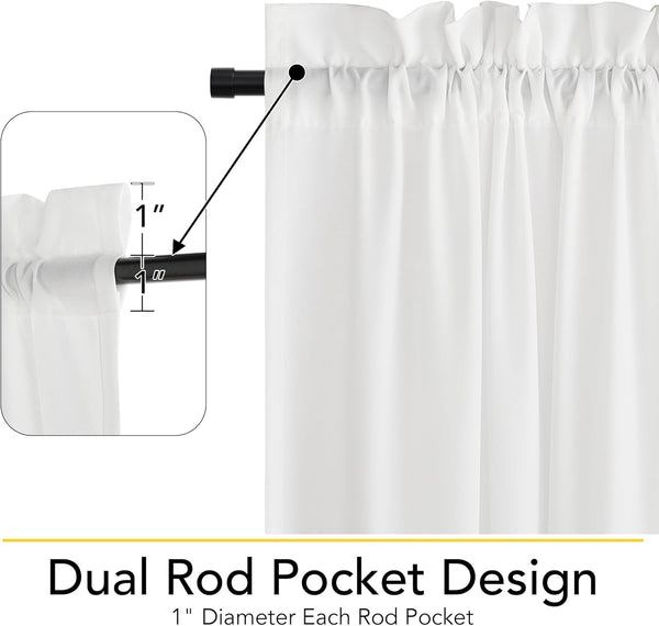 White fabric curtain with ruffled top, showing dual 1-inch rod pocket design on black curtain rod.