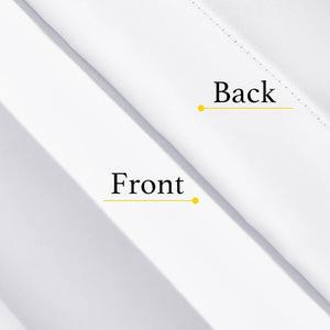 White fabric close-up highlighting smooth front, textured back with stitching. Labeled 'Front' and 'Back'.