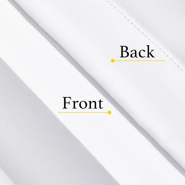 White fabric close-up highlighting smooth front, textured back with stitching. Labeled 'Front' and 'Back'.