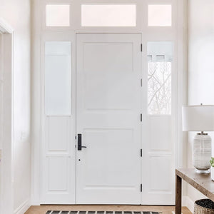 White fabric privacy shade partially lowered on a modern white door sidelight.