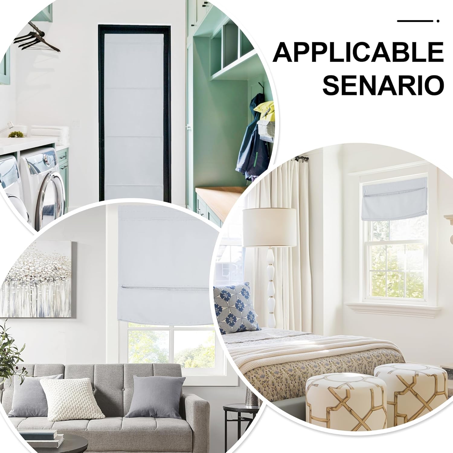 White fabric Roman shades with neat folds, providing privacy on windows and a door.