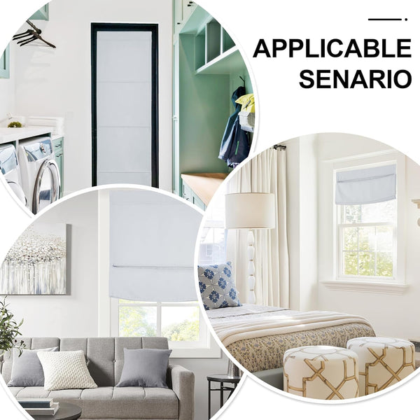 White fabric Roman shades with neat folds, providing privacy on windows and a door.