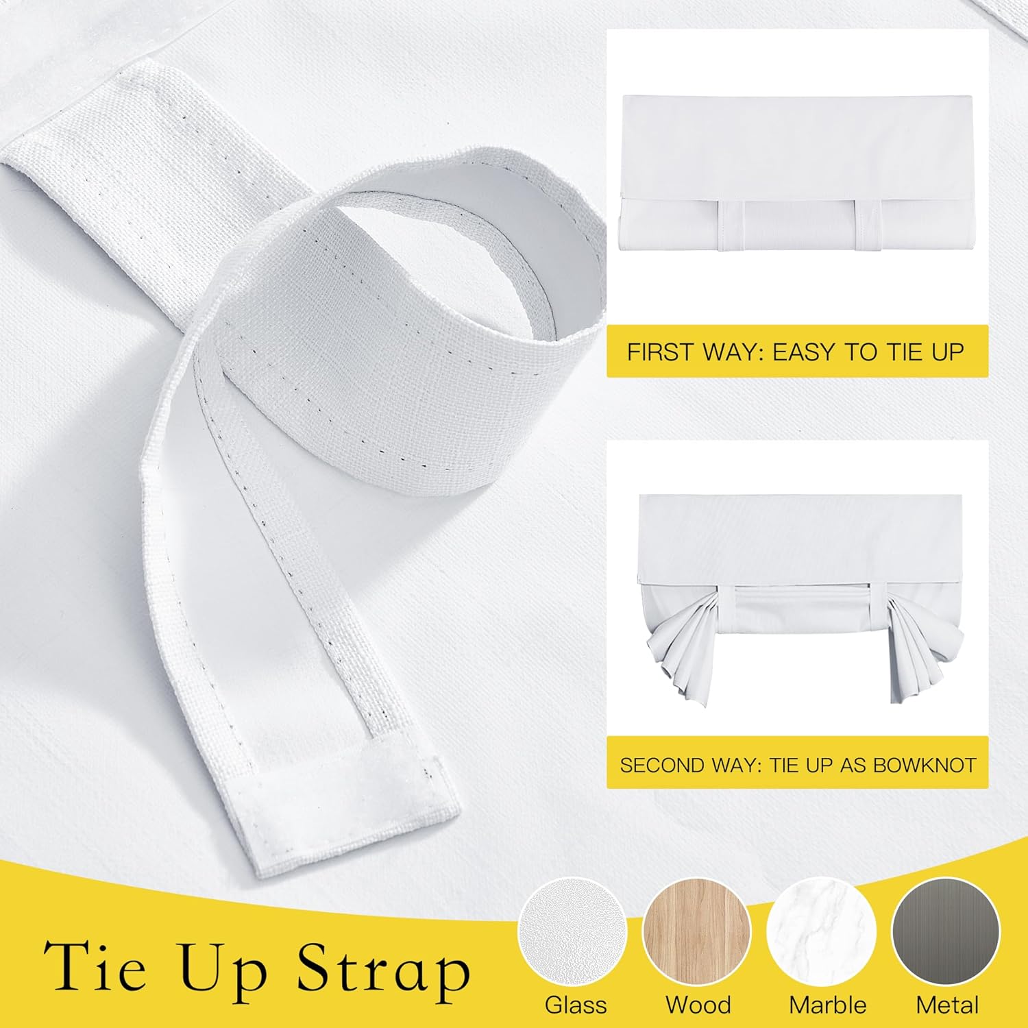 White fabric tie-up strap for window shades, showing simple roll-up and decorative bowknot styles.
