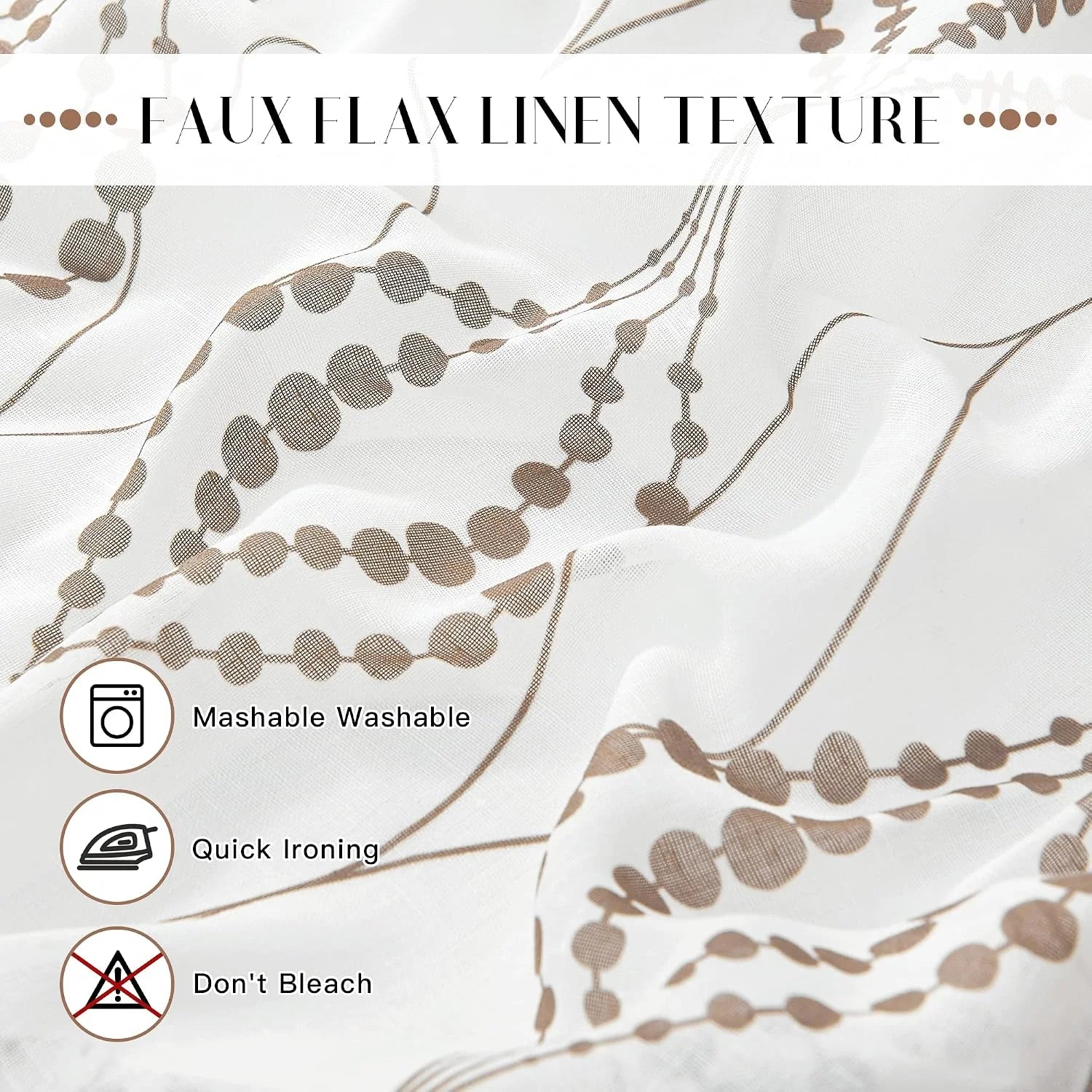 White faux flax linen sheer fabric with brown botanical print and care icons