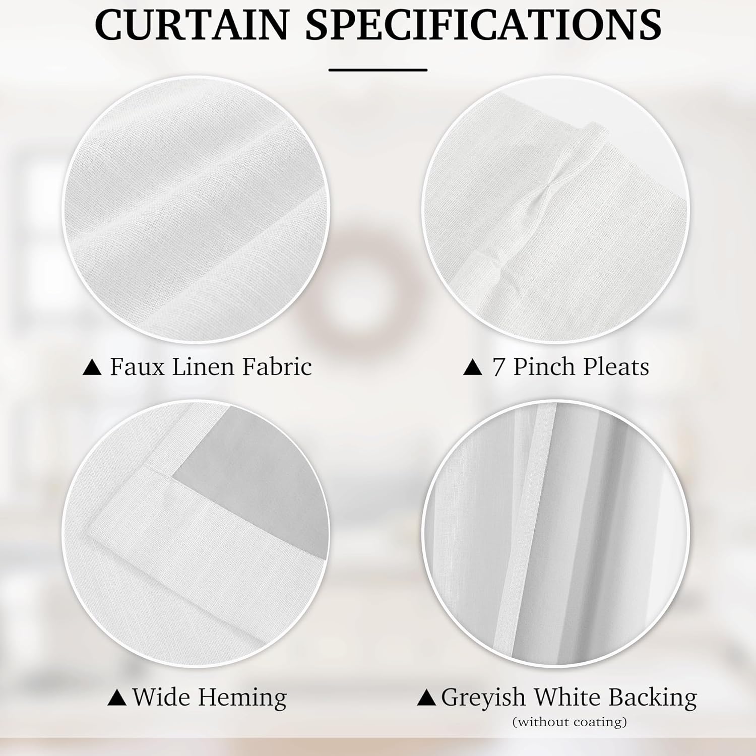 Detailed close-ups of white faux linen curtain fabric, pinch pleats, hemming, and grey backing.