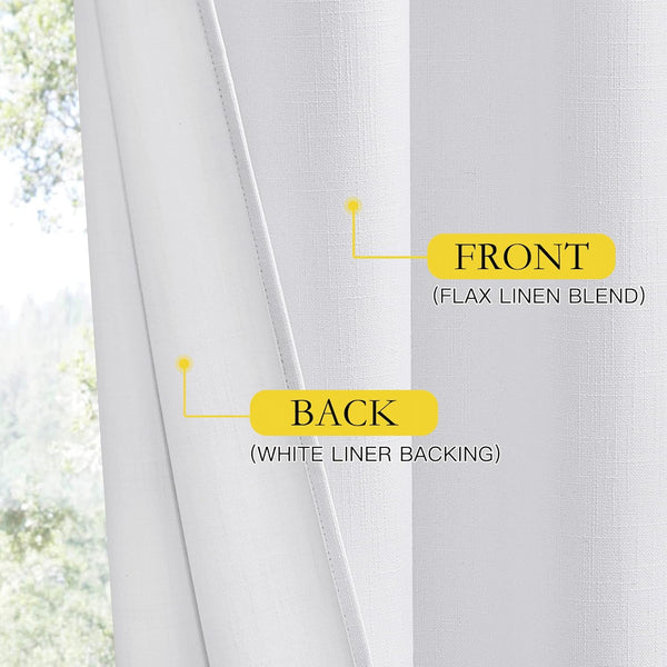 Close-up of a white curtain, showing its textured flax linen blend front and smooth white liner backing.