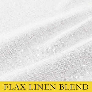 Close-up of a white flax linen blend fabric showing natural weave and textured fibers.