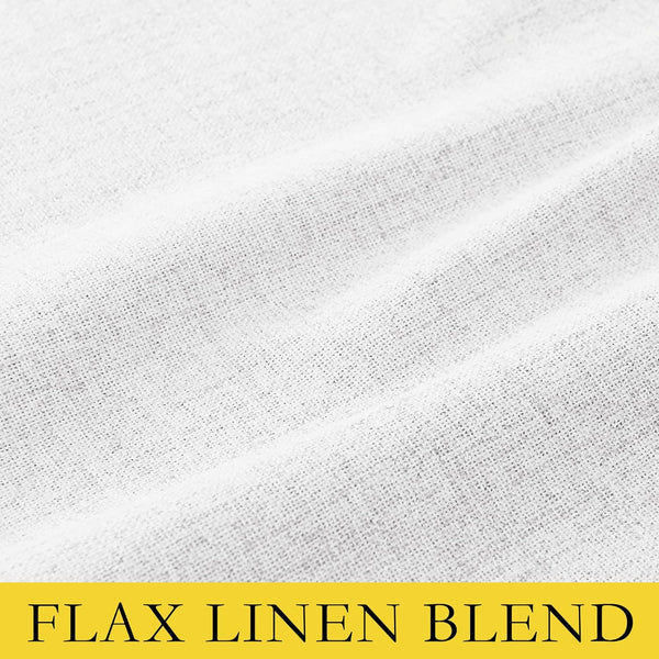 Close-up of a white flax linen blend fabric showing natural weave and textured fibers.
