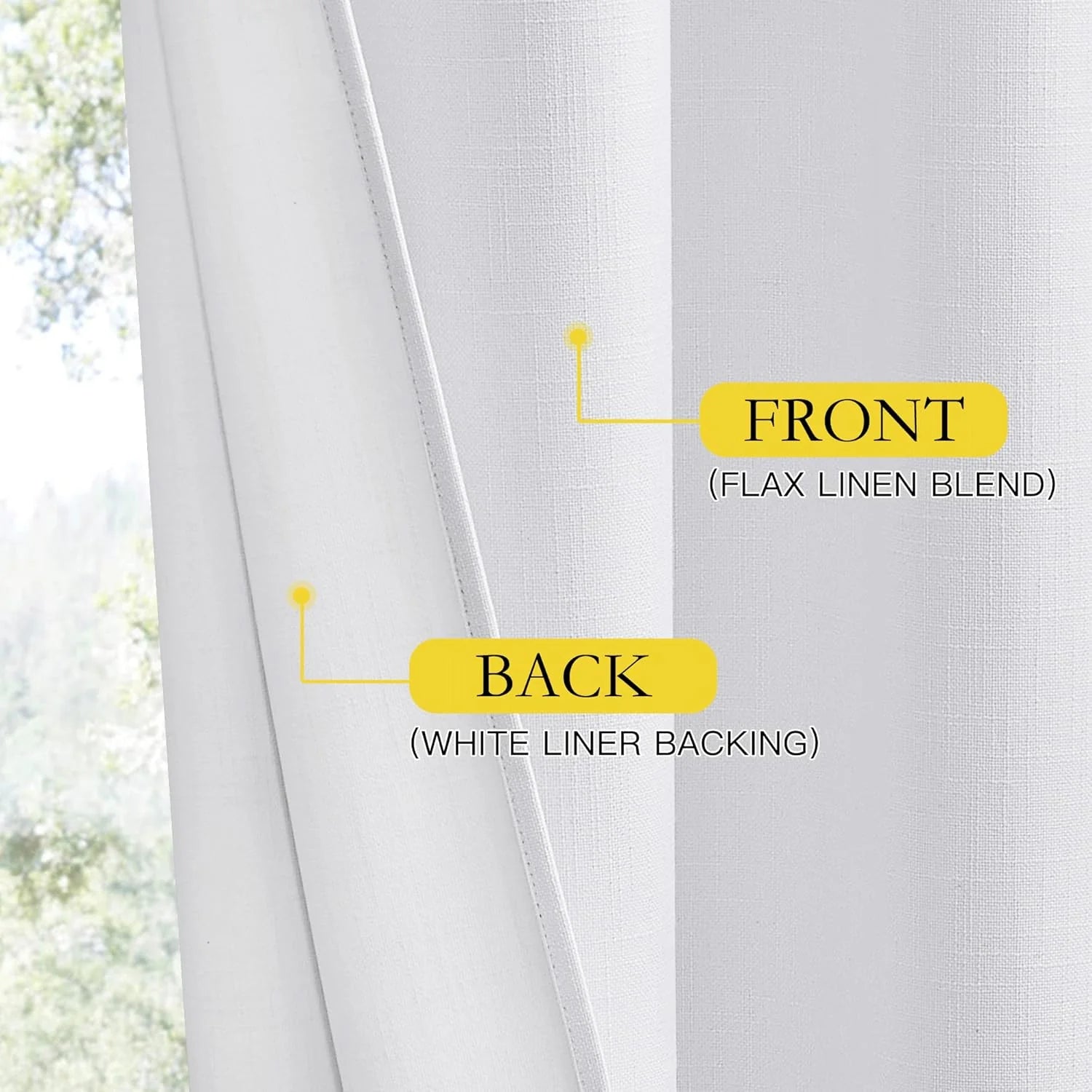 White flax linen blend curtain with white liner backing shown in close-up