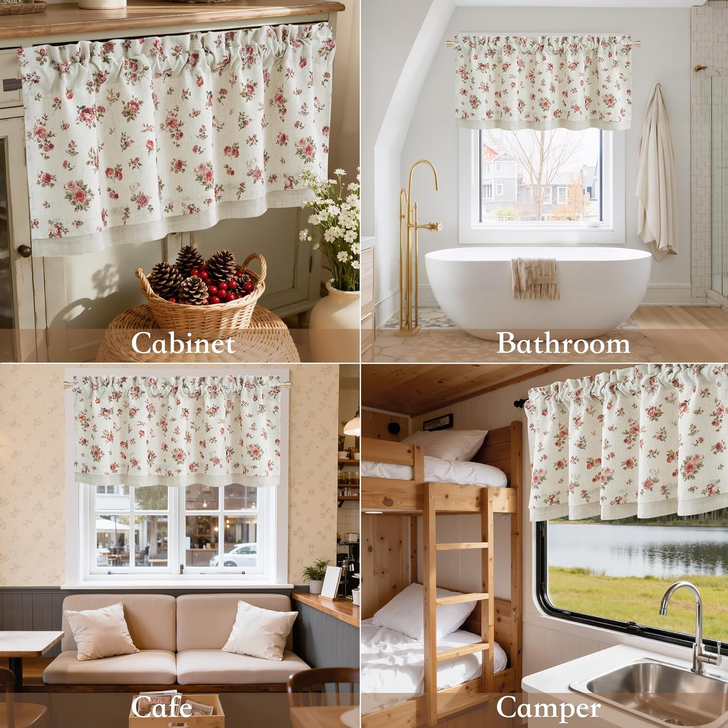 White floral valance curtain with red roses, rod pocket top. Cottage style for small windows.