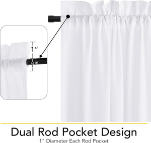 White gathered curtain panel, dual 1-inch rod pocket design with black rod.