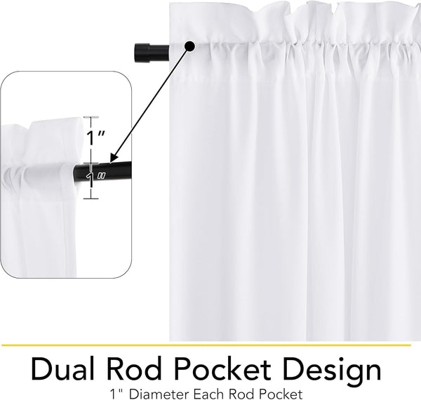 White gathered curtain panel, dual 1-inch rod pocket design with black rod.