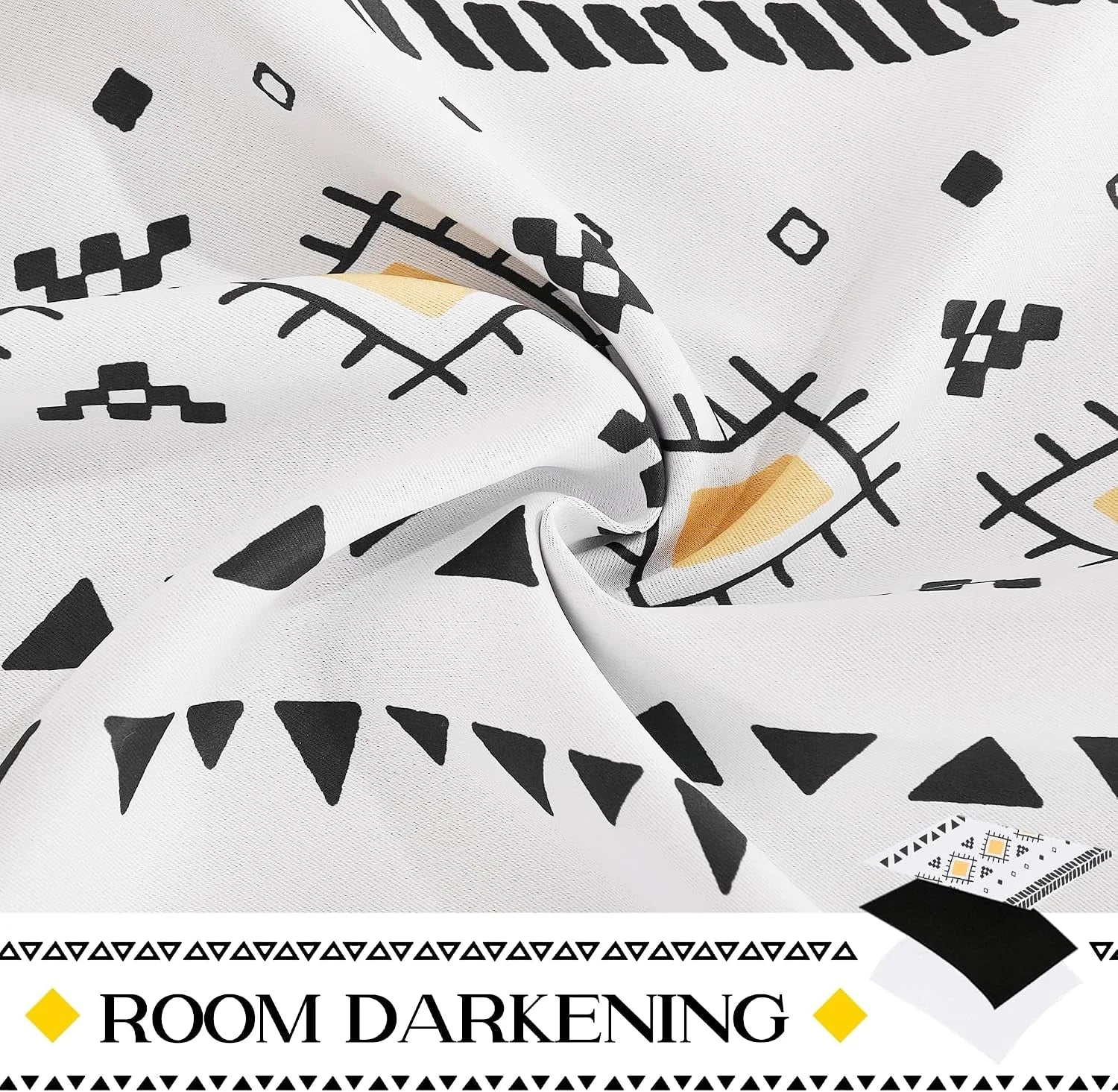 White room darkening curtain fabric with black geometric tribal print and yellow accents