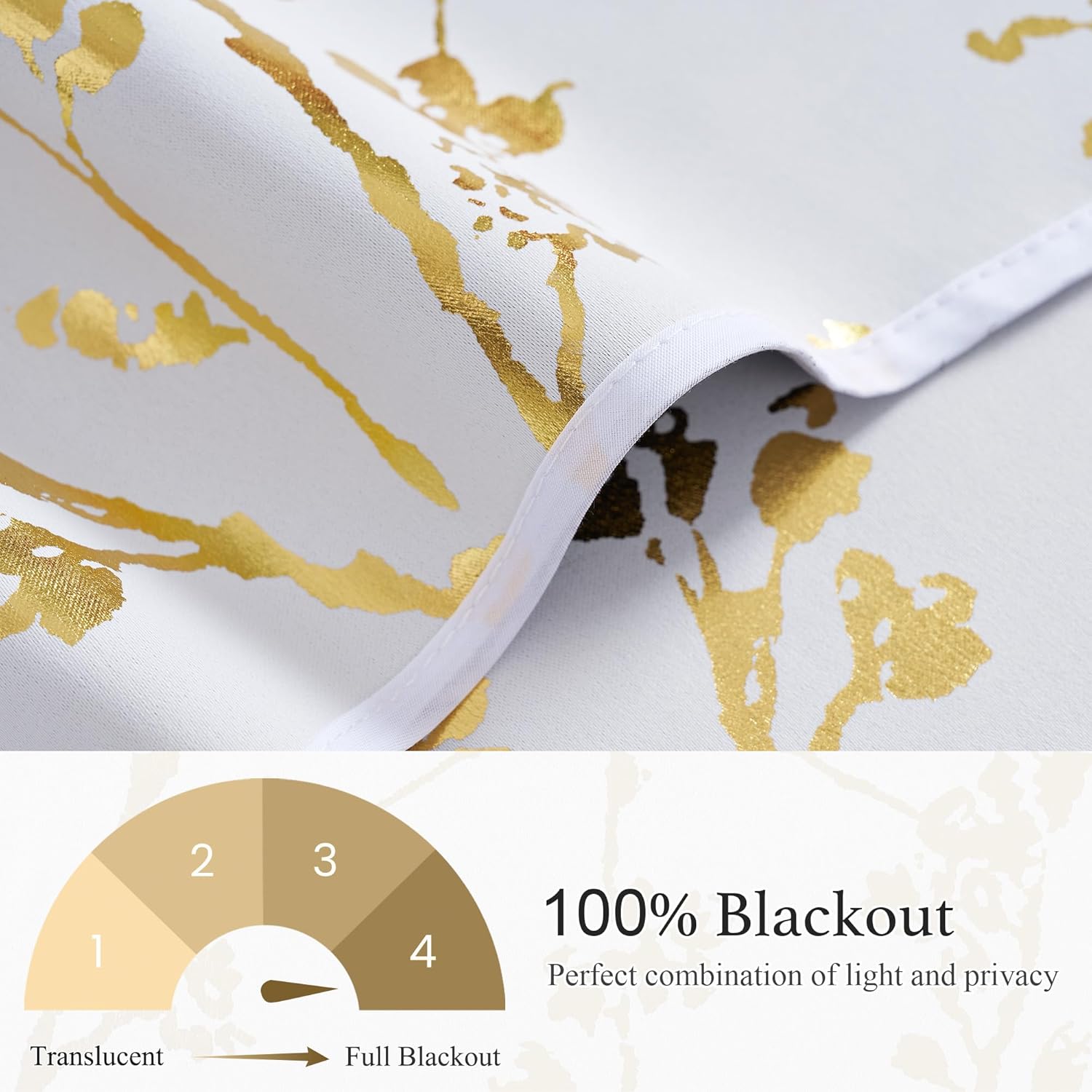 White blackout curtain with gold abstract metallic pattern, finished edge. Confirmed 100% light blocking.