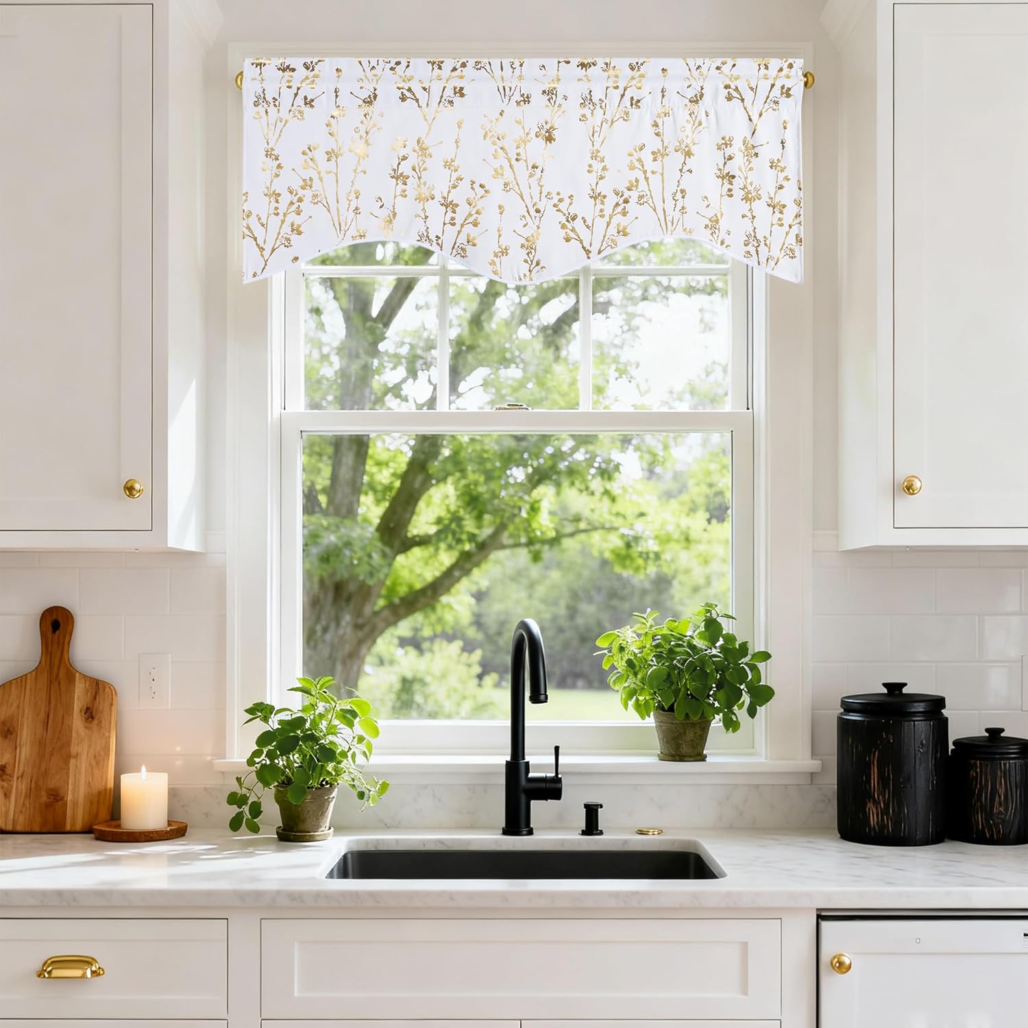 White kitchen window valance featuring a shimmering gold botanical print and scalloped bottom edge.