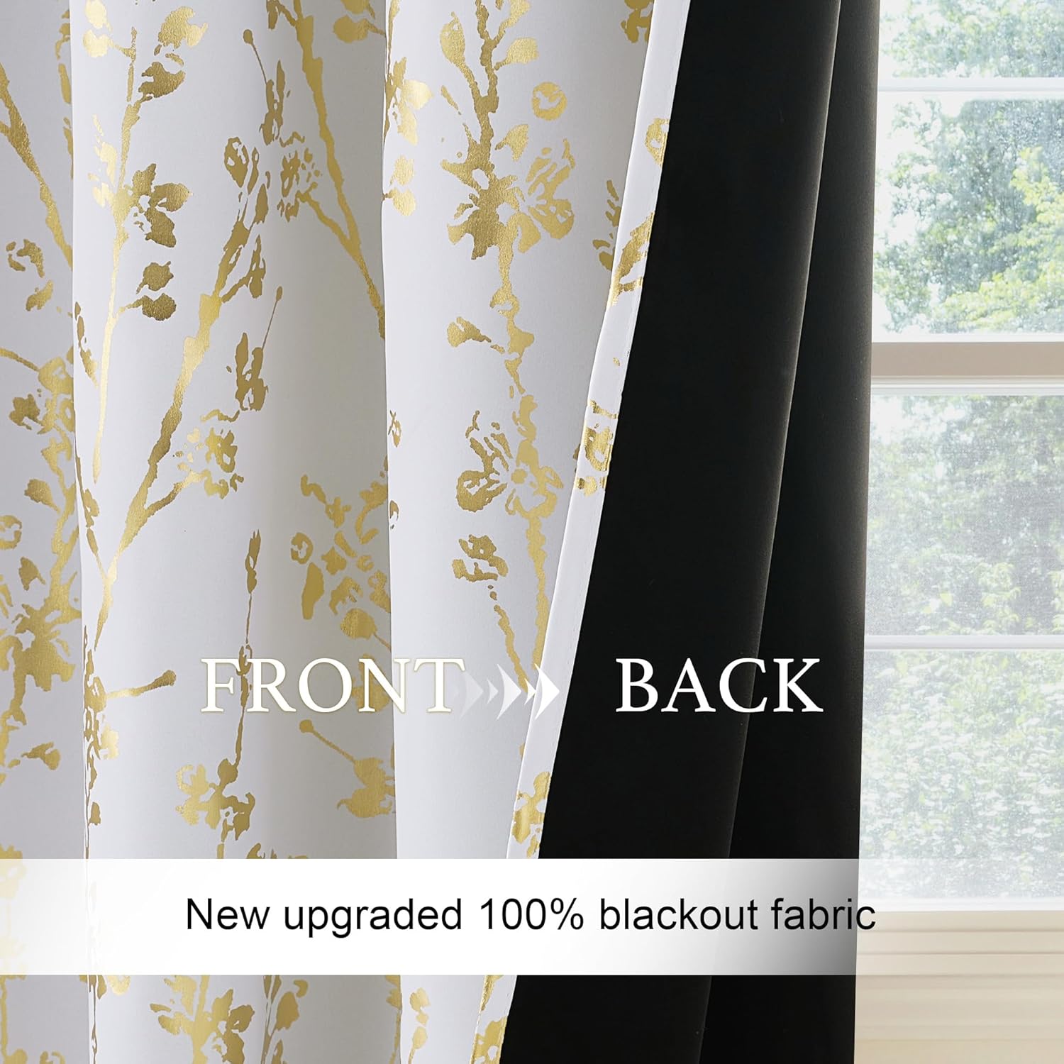 White curtain with metallic gold floral pattern and black 100% blackout backing visible from behind.