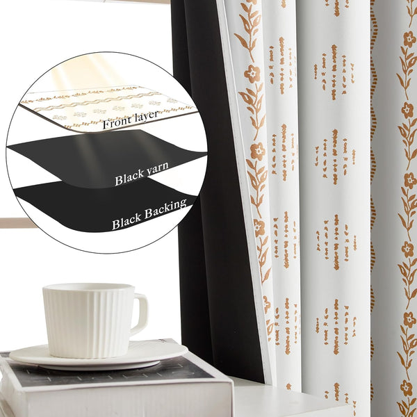 White curtain with brown floral and geometric patterns. Visible 3-layer design for light blocking.