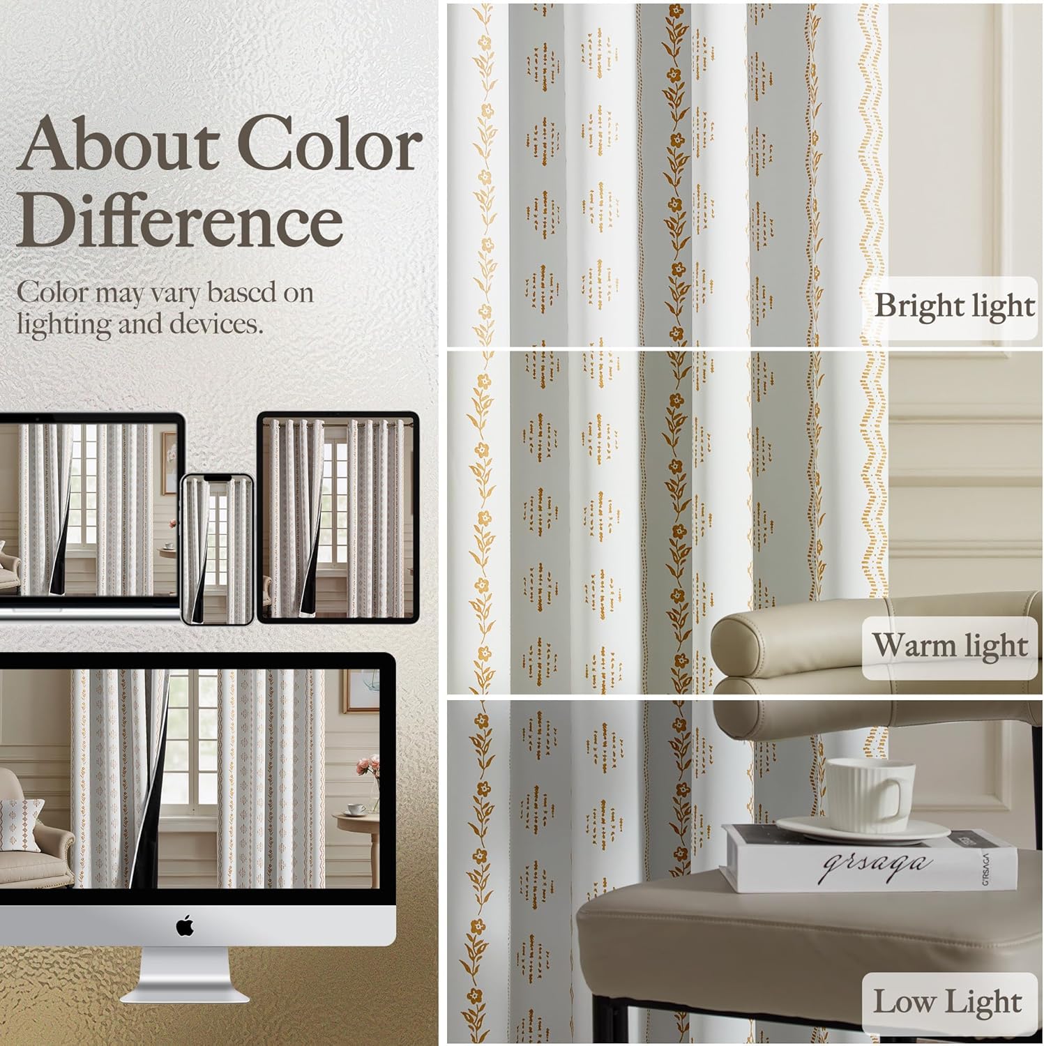 White curtains with gold floral and geometric stripe patterns, displayed under varying light.