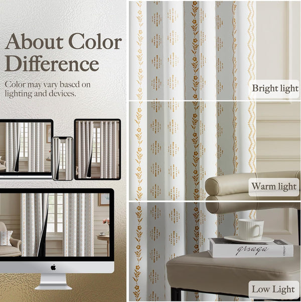 White curtains with gold floral and geometric stripe patterns, displayed under varying light.