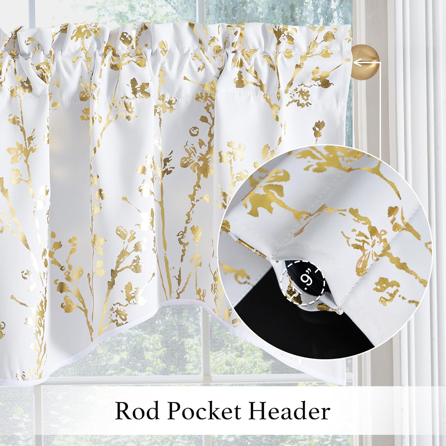 White valance with gold floral foil print and rod pocket header hanging on a window.