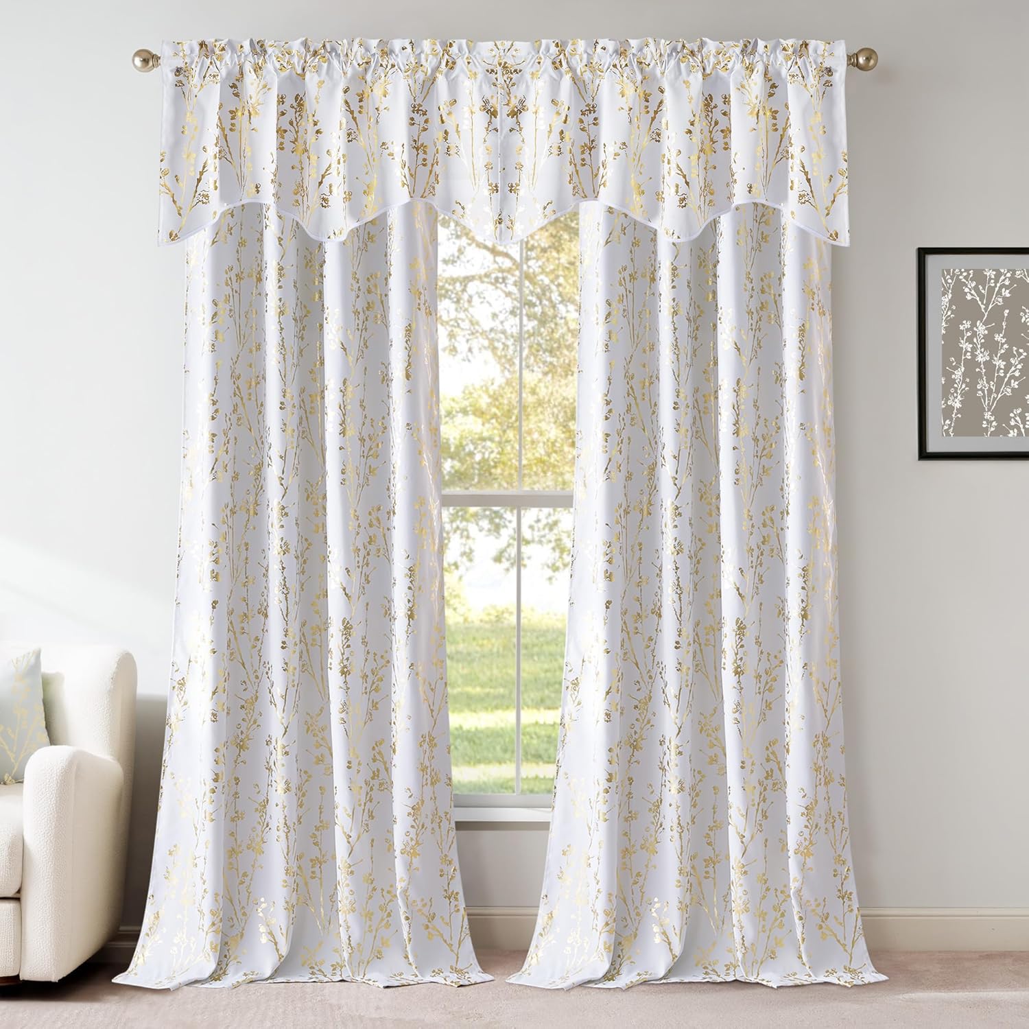 White window curtains with a shimmering gold metallic foliage print and matching scalloped valance.