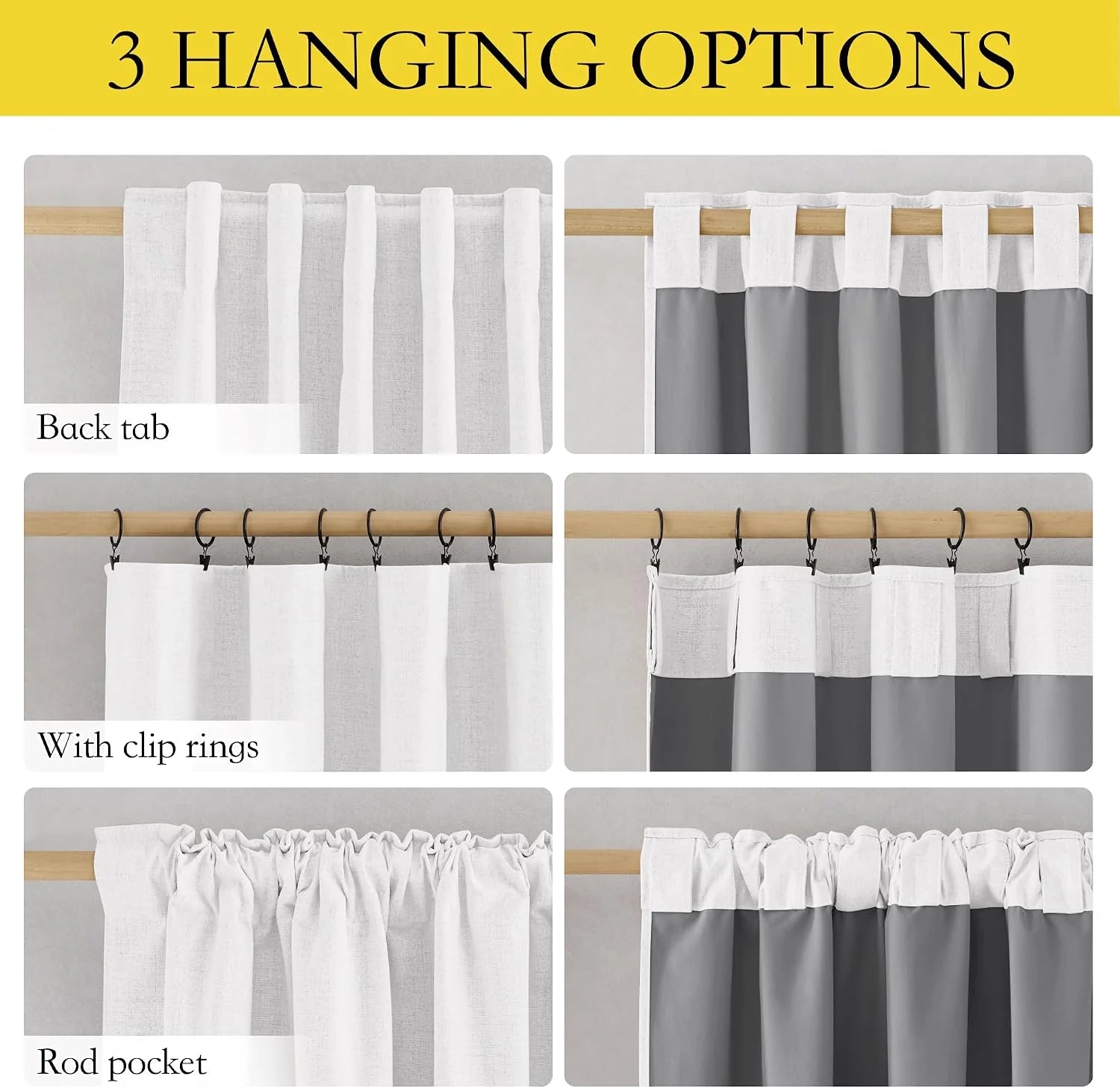Chart showing three hanging options for white and gray curtains on a wooden rod