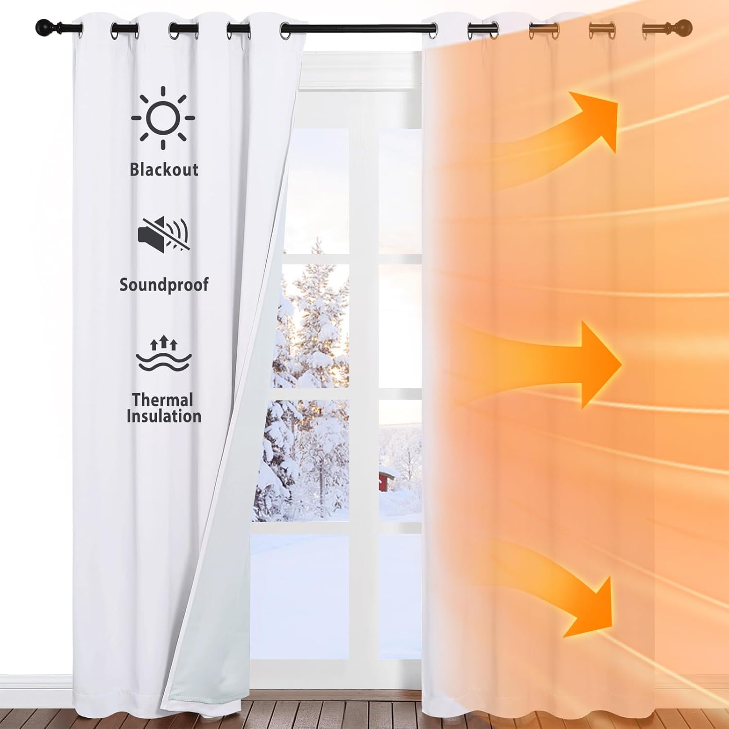White grommet blackout curtain with soundproof and thermal insulation properties, against snowy window.