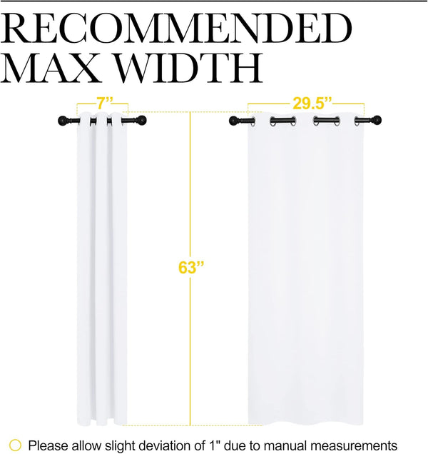 White grommet top curtain panels showing 7" bunched, 29.5" extended widths, and 63" length.