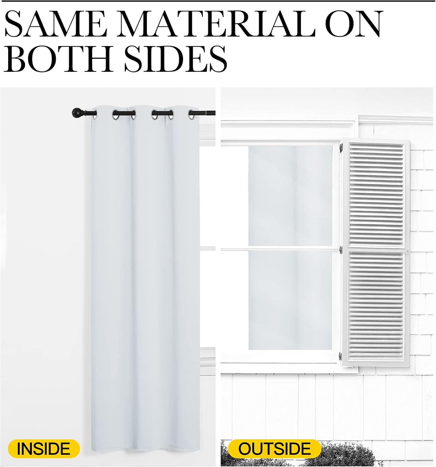 White grommet top curtain panel, displaying uniform material from both inside and outside view.