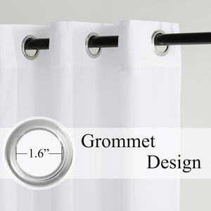 White curtain panel with silver grommet top, hanging on black rod, showcasing 1.6-inch diameter.